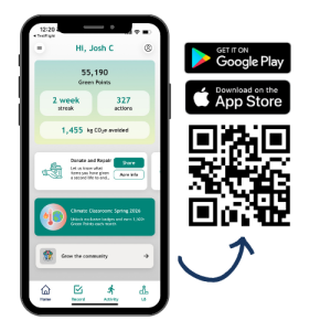Phone with the homepage of the ARUgreen app and a QR code on the right